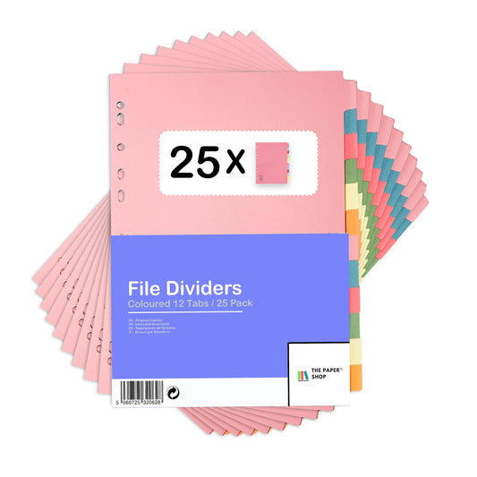A4 folder dividers, 12-part filing system for ring binders & file folders, 25 pieces, folder and compartment dividers with writable colored index tabs The Paper Shop