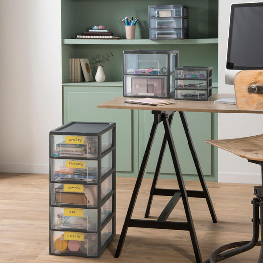 SUNDIS Day Tower, plastic drawer unit, grey, 3 transparent drawers for A4 paper, height 25.5 cm, stackable, great for desk, classroom, documents, accessories.