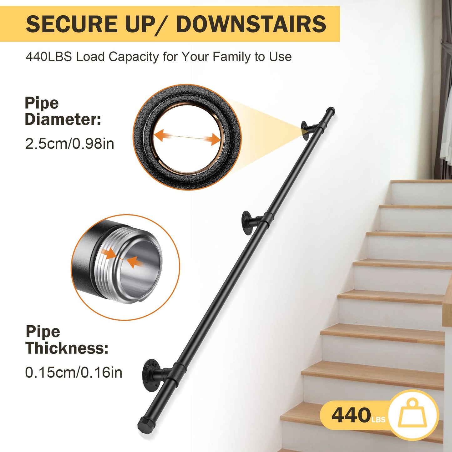 Handrail for stairs, Aomdom handrail staircase railing indoor and outdoor, black handrail with non-slip, stainless, industrial, galvanized steel tube for kitchen bathroom garden, 1.5M.