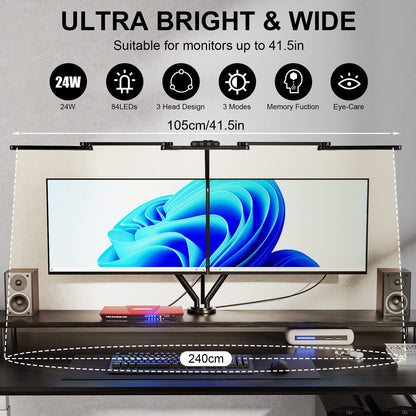 Lightess LED Desk Lamp Dimmable 105cm 24W Clip-on Double Head Desk Lamp Touch Table Lamp Monitor Light 5 Color Temperature Brightness Levels Daylight Lamp for Architects Home Office