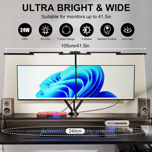 Lightess LED Desk Lamp Dimmable 105cm 24W Clip-on Double Head Desk Lamp Touch Table Lamp Monitor Light 5 Color Temperature Brightness Levels Daylight Lamp for Architects Home Office