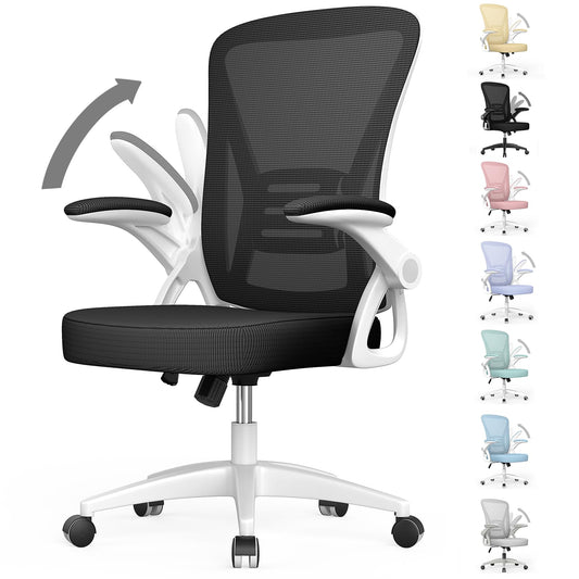 Rattan office chair with foldable armrests, ergonomic desk chair with lumbar support, height adjustable, space-saving, swivel chair for the office.