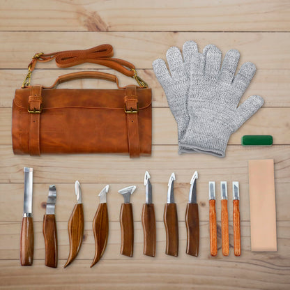 TEKCHIC Carving Knife, Deluxe Carving Tool Set, Carving Set for Beginners, Wood Carving Woodworking Tool Set with Large Leather Case