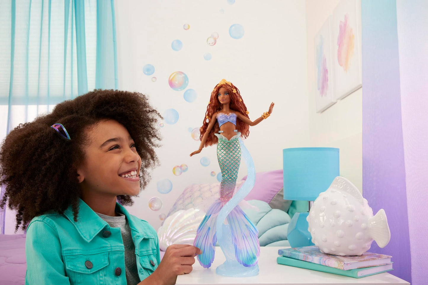 Mattel Disney Ariel, The Little Mermaid - Deluxe Mermaid Doll with Hair Beads and Doll Stand for imaginative play and display, for kids ages 3 and up, HNF42