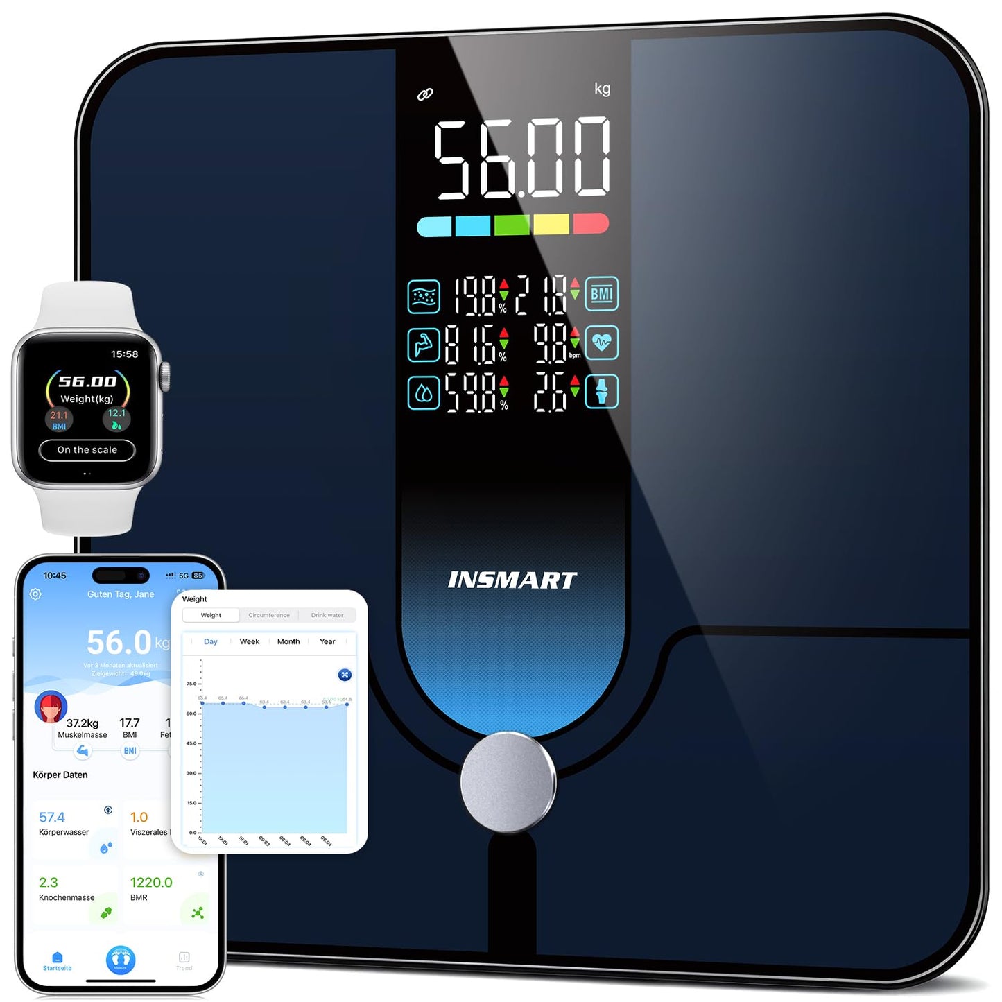 INSMART Smart scale, 227KG/500lb 30x30cm Digital Bathroom Scale, Body Fat Scale with APP/Bluetooth/Full-surface Sensor, 18 Measurement Data for BMI, Weight, Body Fat, Heart Rate, Muscle Mass