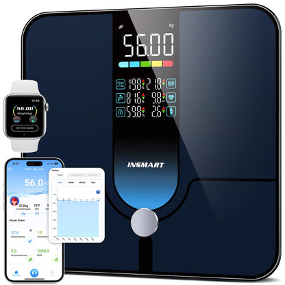 INSMART Smart scale, 227KG/500lb 30x30cm Digital Bathroom Scale, Body Fat Scale with APP/Bluetooth/Full-surface Sensor, 18 Measurement Data for BMI, Weight, Body Fat, Heart Rate, Muscle Mass
