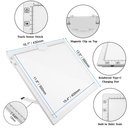 QENSPE A3 Wireless Light Table, LED Light Pad Light Box for Kids with Battery, 3 Color Modes and 6 Brightness Levels, Fully Dimmable, Lightbox with Stand and Magnetic Clip, Diamond Painting Accessories.