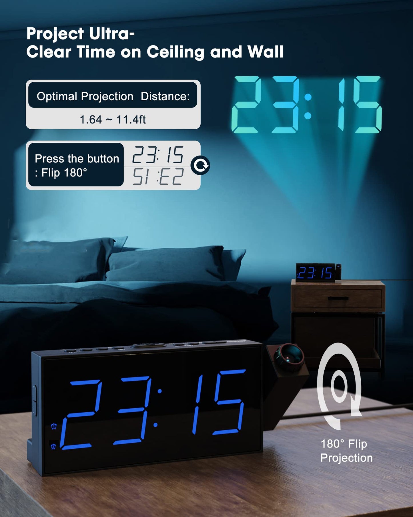 ROCAM alarm clock with projection, projection clock with USB charger, battery backup, 350° projector & dimmer, large LED display, 12/24H, DST, snooze, digital clock for kids