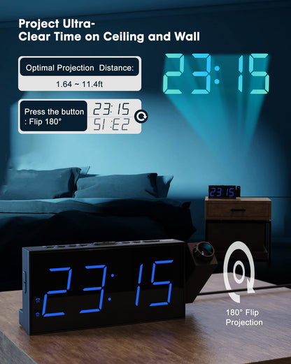ROCAM alarm clock with projection, projection clock with USB charger, battery backup, 350° projector & dimmer, large LED display, 12/24H, DST, snooze, digital clock for kids