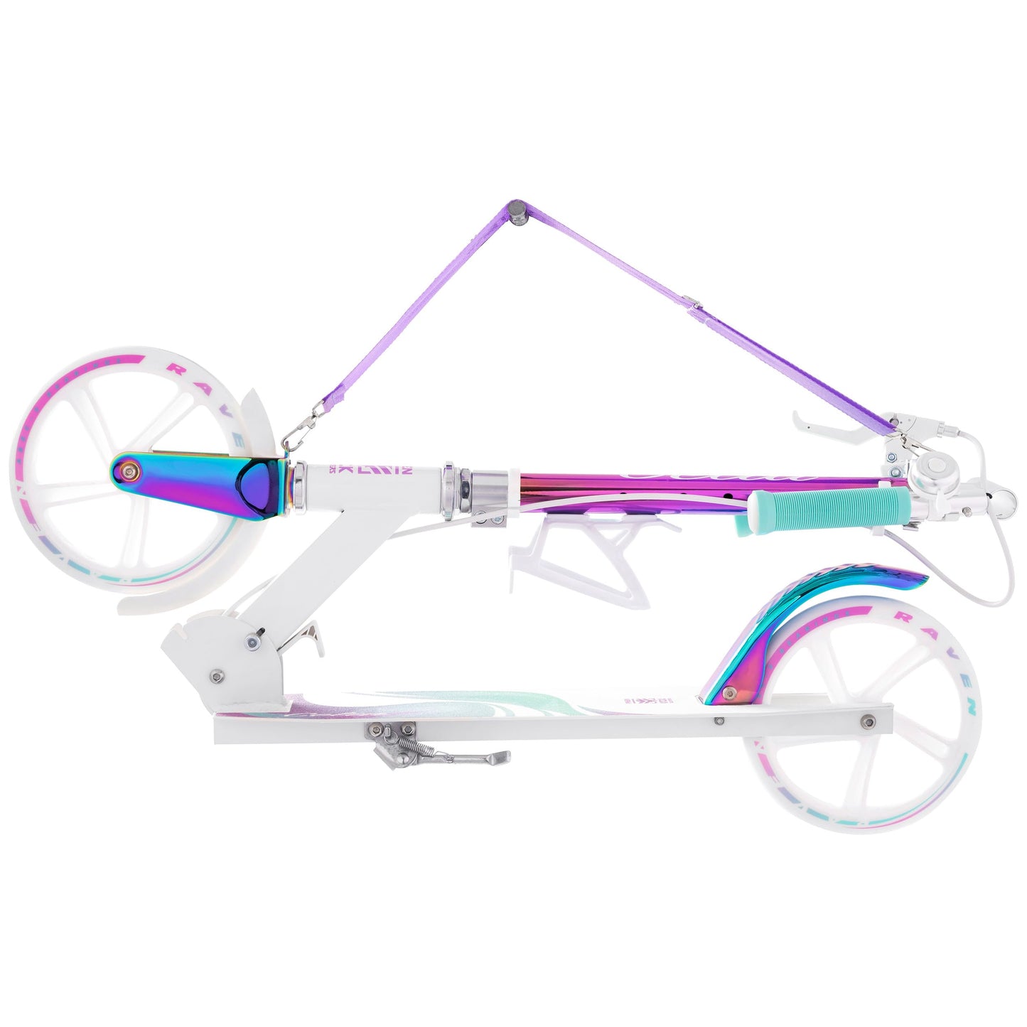 Raven Scooter Kick Scooter for Kids Adults | foldable | adjustable height | carrying strap | bell | bottle holder (Celia White with handbrake, 200mm)