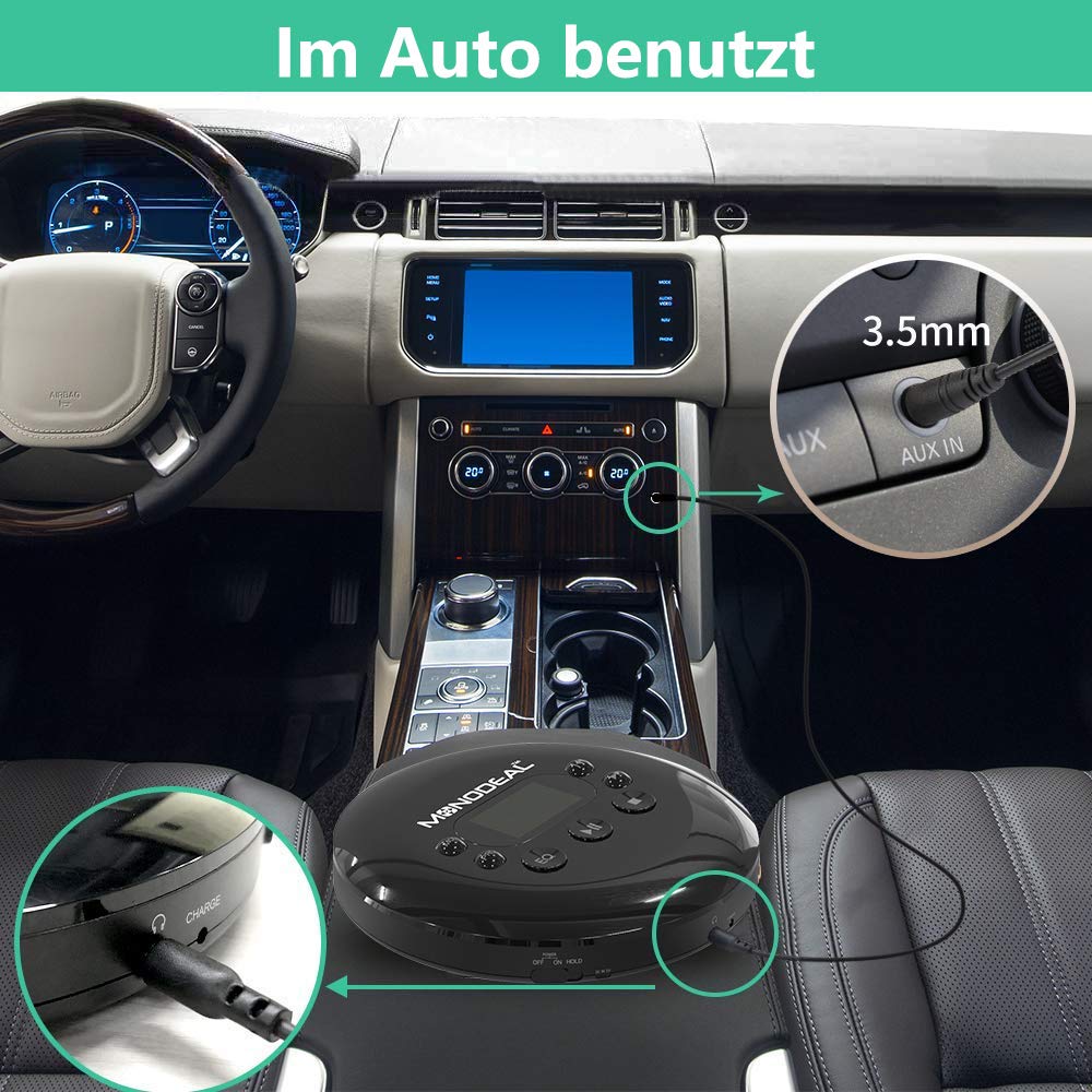 MONODEAL portable CD Player, rechargeable with headphones, Discman with LCD display, USB charging cable, AUX cable. Perfect for car, kids, students, adults.