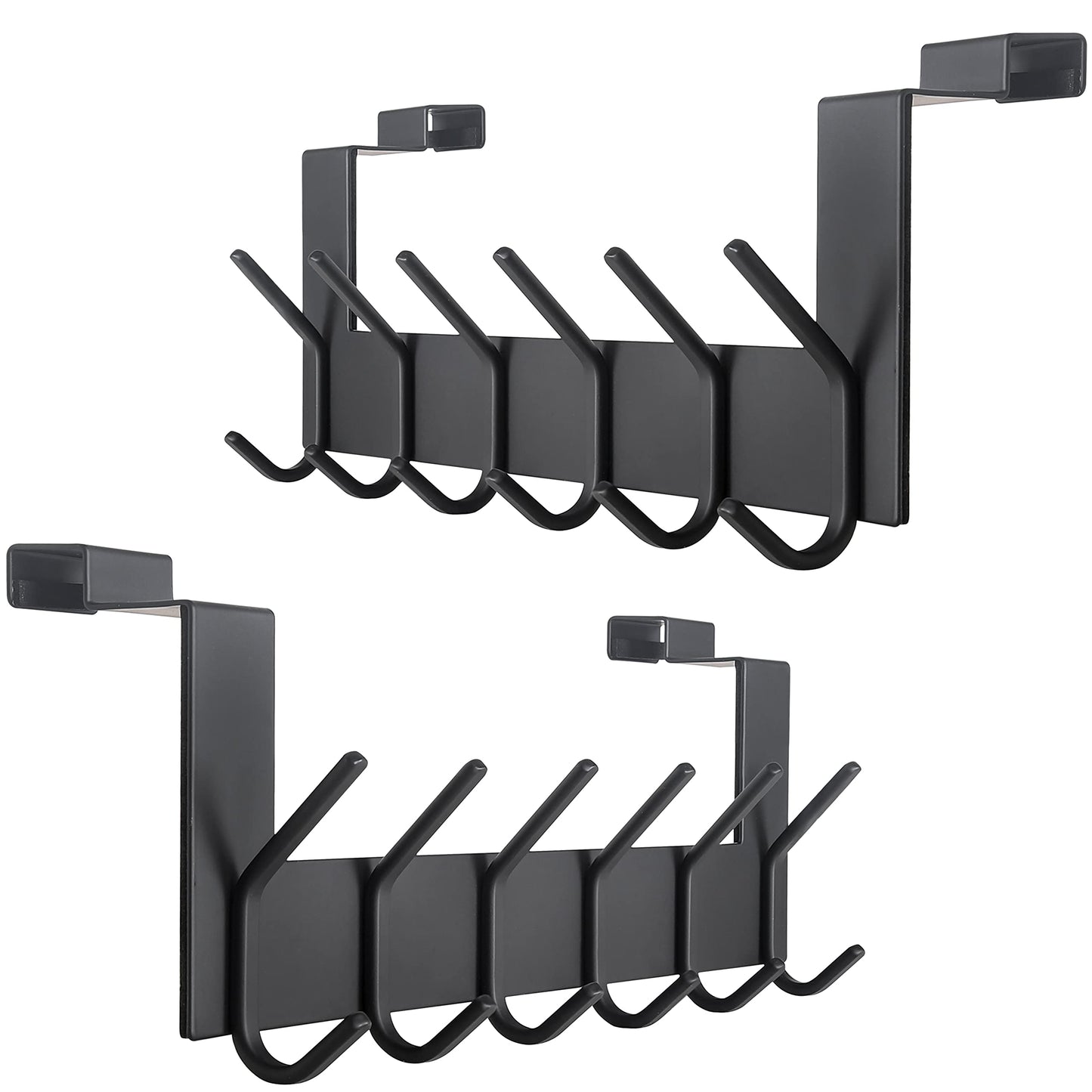 SKOLOO Door Hooks with 6 Hooks, Metal Over Door Hook Rack Inside - 2 Pack Coat Hooks for Towel Holder, Coats, Black