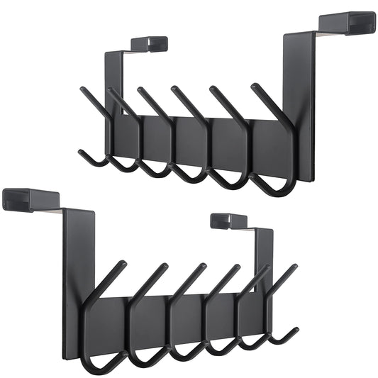 SKOLOO Door Hooks with 6 Hooks, Metal Over Door Hook Rack Inside - 2 Pack Coat Hooks for Towel Holder, Coats, Black