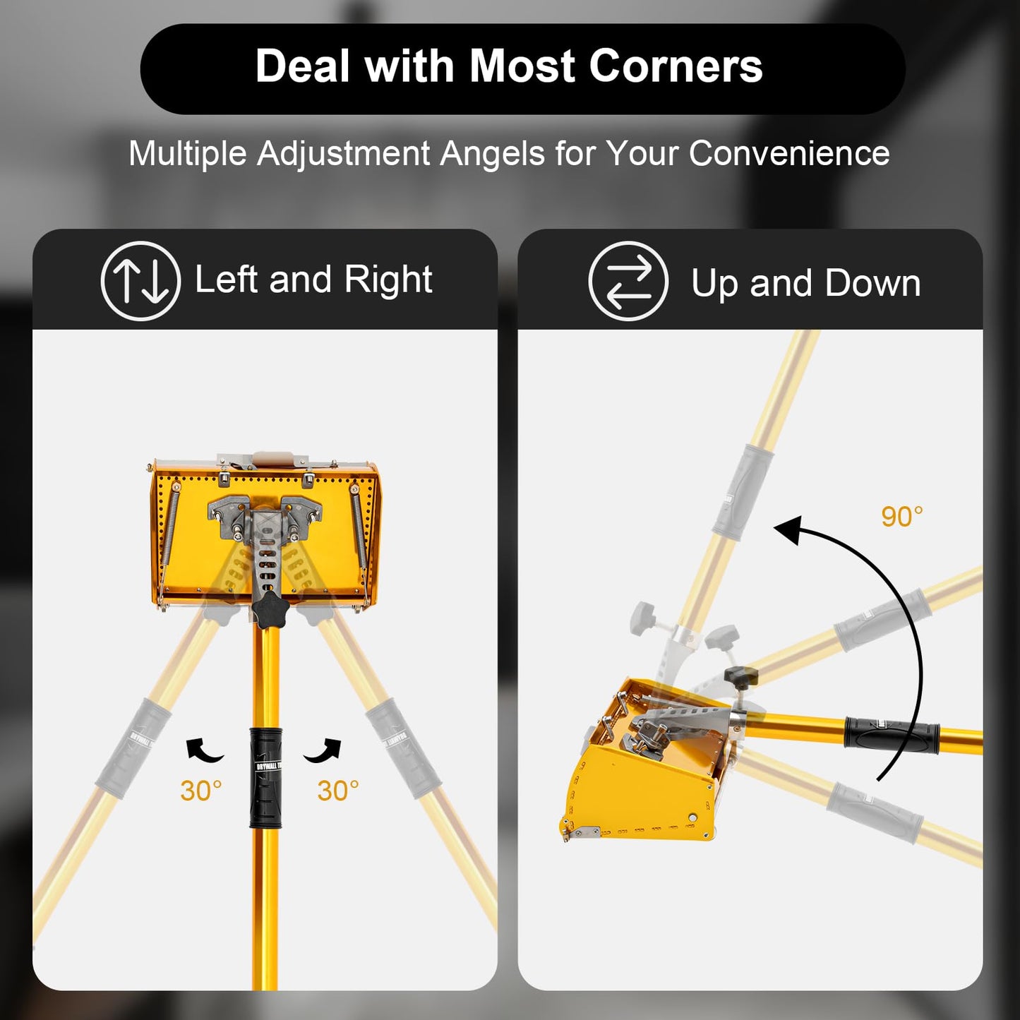 Drywall trowel, drywall flat box, and drywall flat finishing tools with 90-150 cm adjustable handle. Rotates 30° left/right, 90° up/down for wall and ceiling finishing.