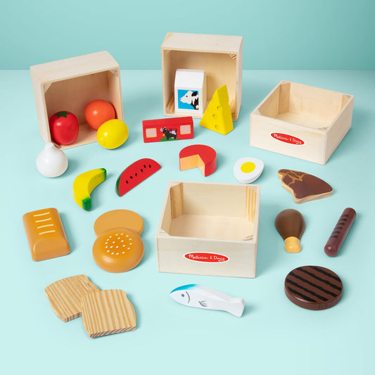 Melissa & Doug - Wooden food set for kids' kitchen, 21-piece play kitchen and grocery store accessories. For children aged 2 and up.