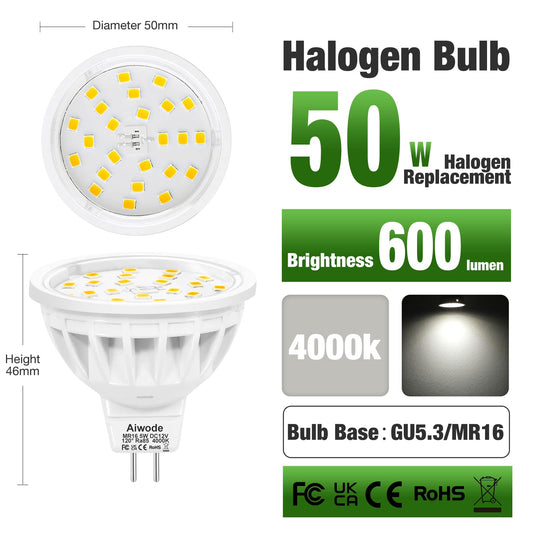 Aiwode GU5.3 MR16 LED Bulb, 5W Natural White 4000K, Replaces 50W Halogen Bulb, 600LM CRI85, 120° Beam Angle, DC12V Non-Dimmable Gu5.3 Spotlight, Pack of 10.