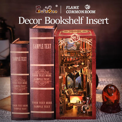 CUTEBEE Book Nook Kit with dust cover - DIY dollhouse miniature house kit with LED light, Booknook house model kits for adults to build (Flame Common Room)