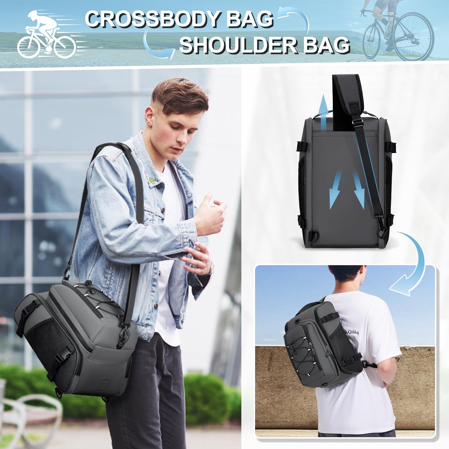 RAINSMORE 3 IN 1 Bike Bags for Rack 15L Waterproof & Reflective Bicycle Rear Rack Bag with Rain Cover Gray
