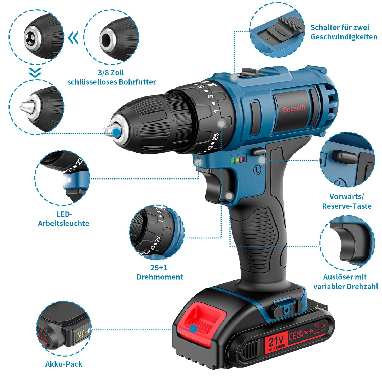 Bogseth 21V cordless drill set, with 112PCS tool kit, 45 N.m max torque, 2 x 2000mAh batteries, 2-speed, 25+3 torque settings, LED light, for home and garden DIY projects.