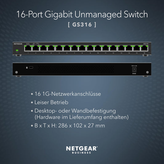 NETGEAR 16-Port Gigabit Ethernet Unmanaged Switch (GS316): Desktop or wall mountable, quiet operation.