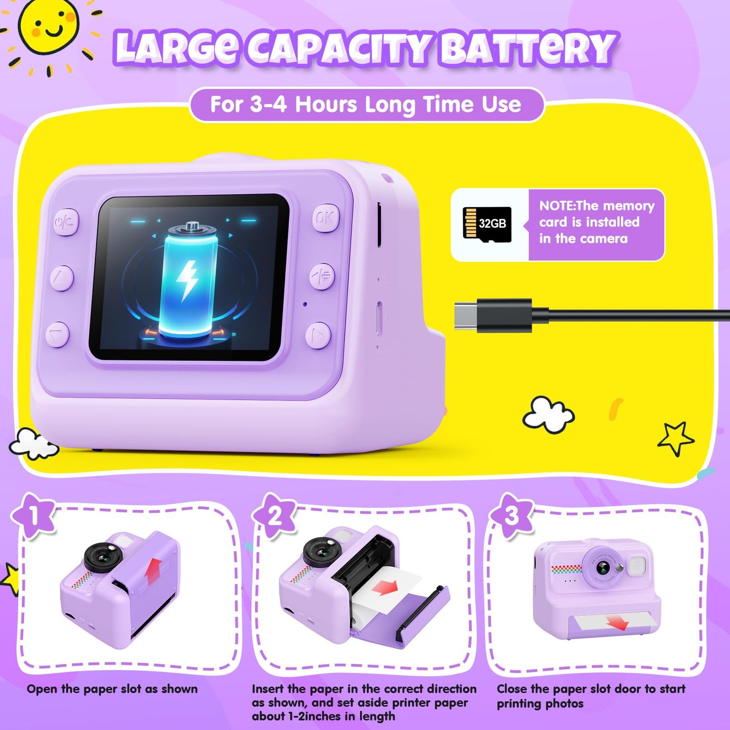 HiMont kids camera instant camera, 1080P instant camera for kids with 32GB card & 3 rolls of print paper, fun kids toy gifts for boys & girls aged 3-12.