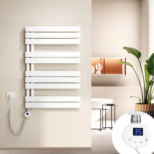 Meykoers Electric Towel Radiator with Thermostat, 899 x 600mm Bathroom Electric Towel Radiator Flat White Bathroom Towel Dryer Towel Warmer