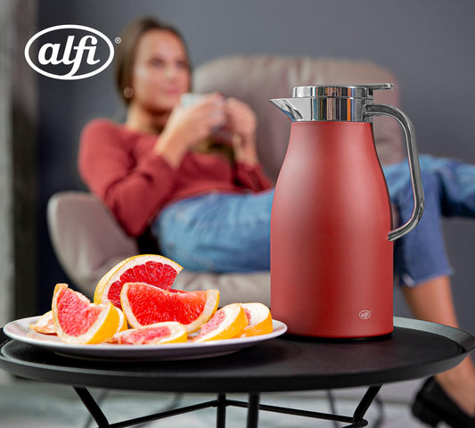 alfi SKYLINE 1.0l, med. red matt, stainless steel insulated carafe with hygienic hard glass insert, twist closure with convenient push button, ergonomic handle, one-hand operation, perfect for serving coffee or tea.