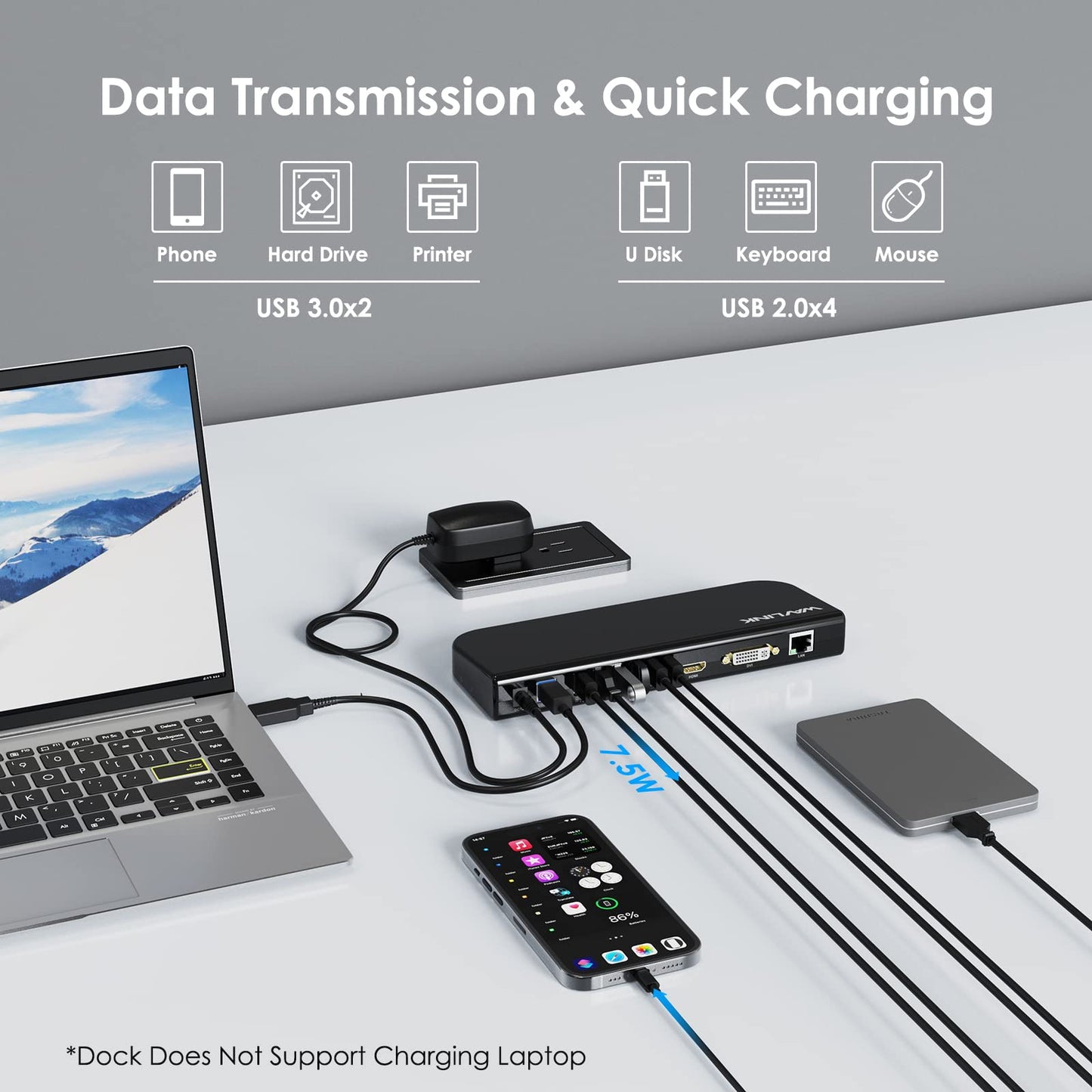 WAVLINK USB 3.0 / USB C Universal Laptop Docking Station, Dual HDMI Monitor for Windows and Mac, (Dual Video Output: HDMI and HDMI/DVI/VGA, Gigabit Ethernet, Audio, 6 USB Ports)