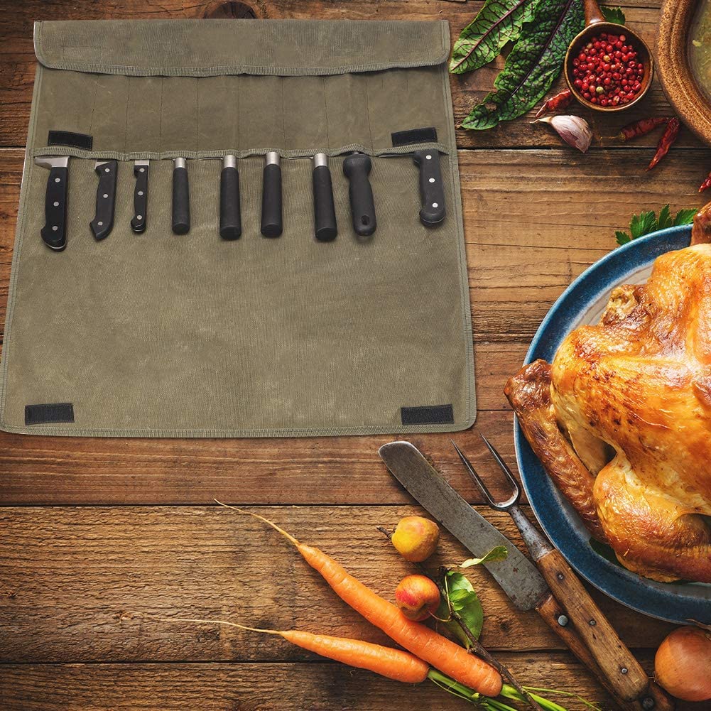 Kitchen knife storage bag, waxed canvas, utensil for knives, roll-up bag with 9 compartments, sheath for kitchen knives measuring up to 29 inches long.