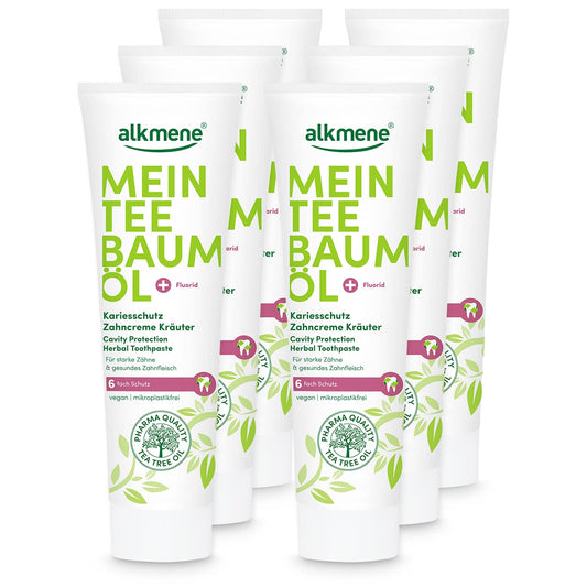 Alkmene My Tea Tree Oil Caries Protection Toothpaste Herbal 6x 100 ml with 6-fold protection - pure tea tree oil, vegan & climate neutral - Fluoride toothpaste for strong teeth & healthy gums