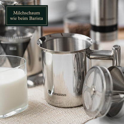 VIENESSO Hand Milk Frother manually made of stainless steel with double mesh sieve I milk frother for creamy milk foam for coffee specialties, Milk Frother including Barista E-Book (400 ml)