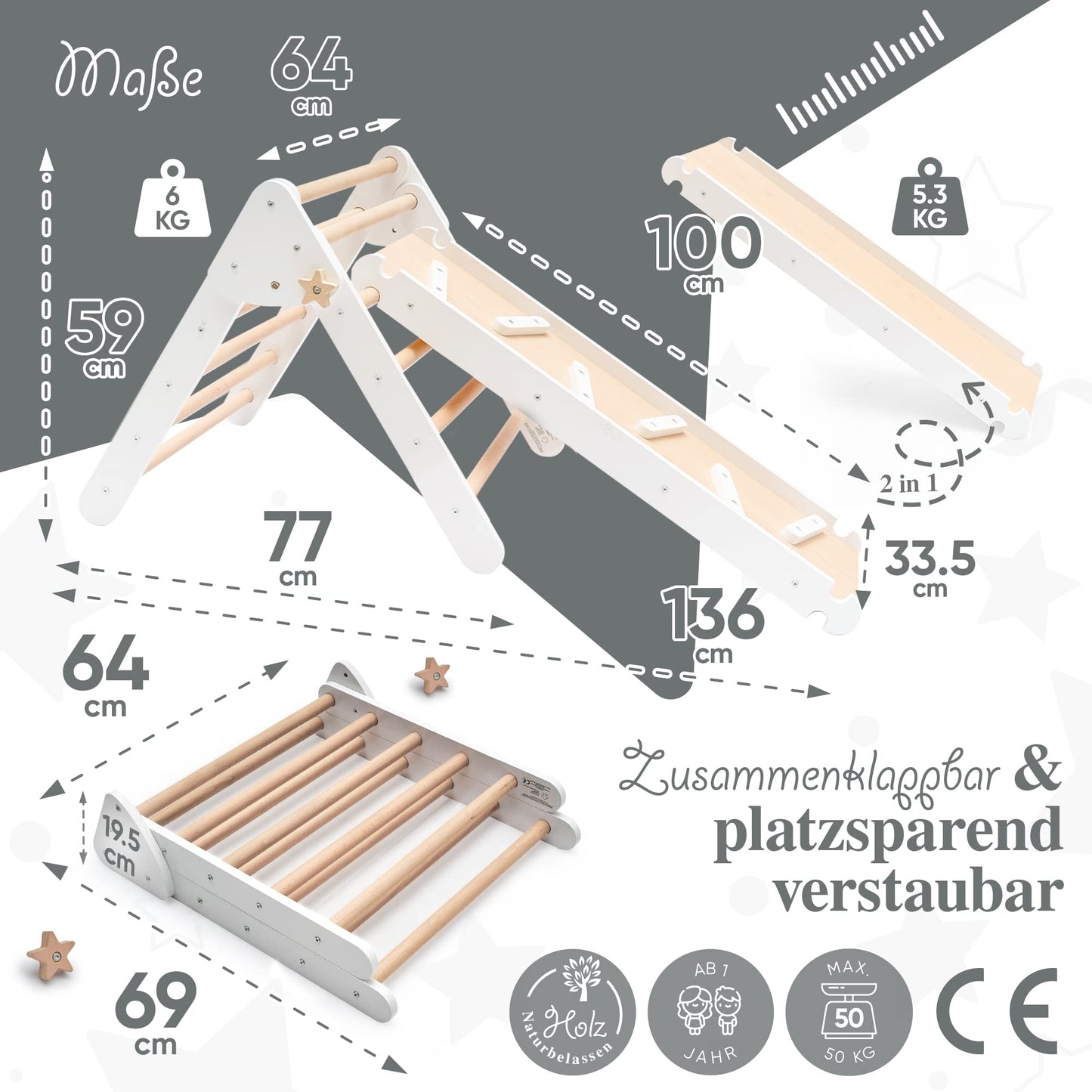 Kids Woody Star® climbing triangle with slide/climbing ladder 2in1 set [EXTRA SAFE] indoor climbing frame from 1 year | Pikler triangle climbing arch | Montessori toy | Foldable