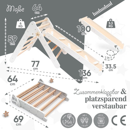 Kids Woody Star® climbing triangle with slide/climbing ladder 2in1 set [EXTRA SAFE] indoor climbing frame from 1 year | Pikler triangle climbing arch | Montessori toy | Foldable