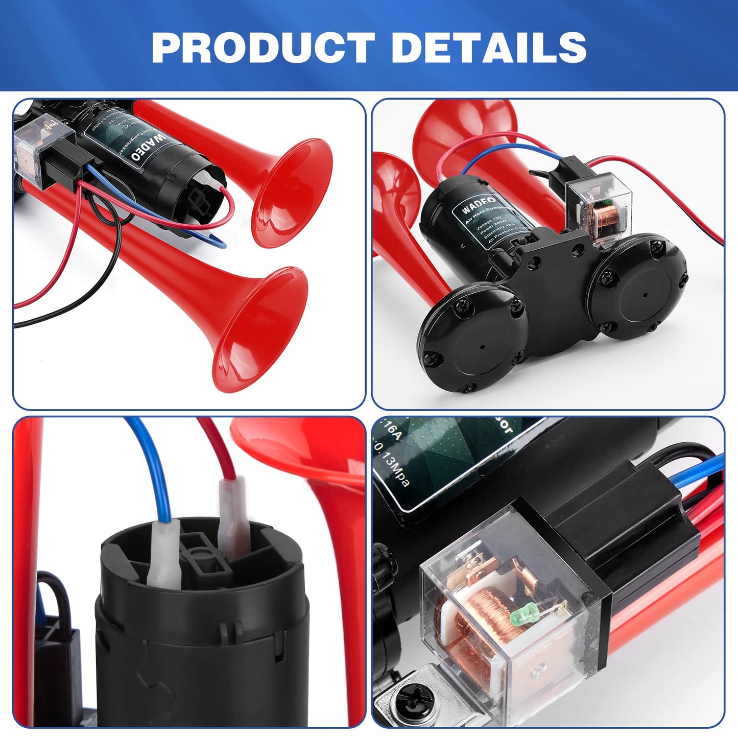 WADEO 12V Truck Horn 118db, Super Loud Dual Horn Car Horn with Compressor, Air Horn Air Horn Loud Horn Kit for all 12V vehicles, cars, trucks, trains, boats, cars, vans (Red)