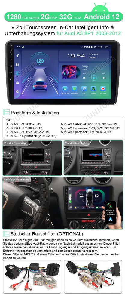 JUNHUA 9" Android 14 2GB+64GB Car Stereo for Audi A3 S3 RS3 8P7 8VS 8PA, Supports Wireless Carplay Android Auto GPS Navigation Radio Bluetooth WiFi FM RDS Bose System