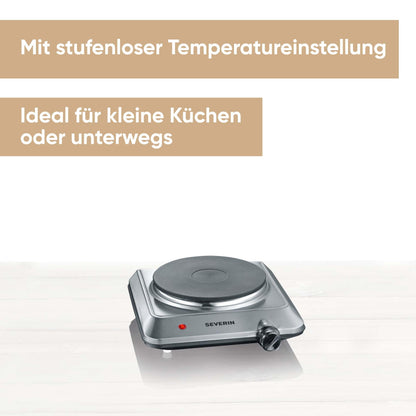 SEVERIN hot plate for kitchen, office, or camping, small stove with continuous temperature control, camping stove, heating ring with 18cm diameter, stainless steel, 1,500 W, KP 1092