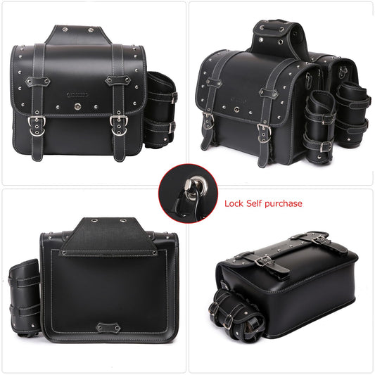 High-density leather motorcycle saddlebags, throw-over bags, luggage racks, side bags with drink holder, waterproof, side tool pouch, storage bag for motorcycle, universal, 1 pair, L, black.