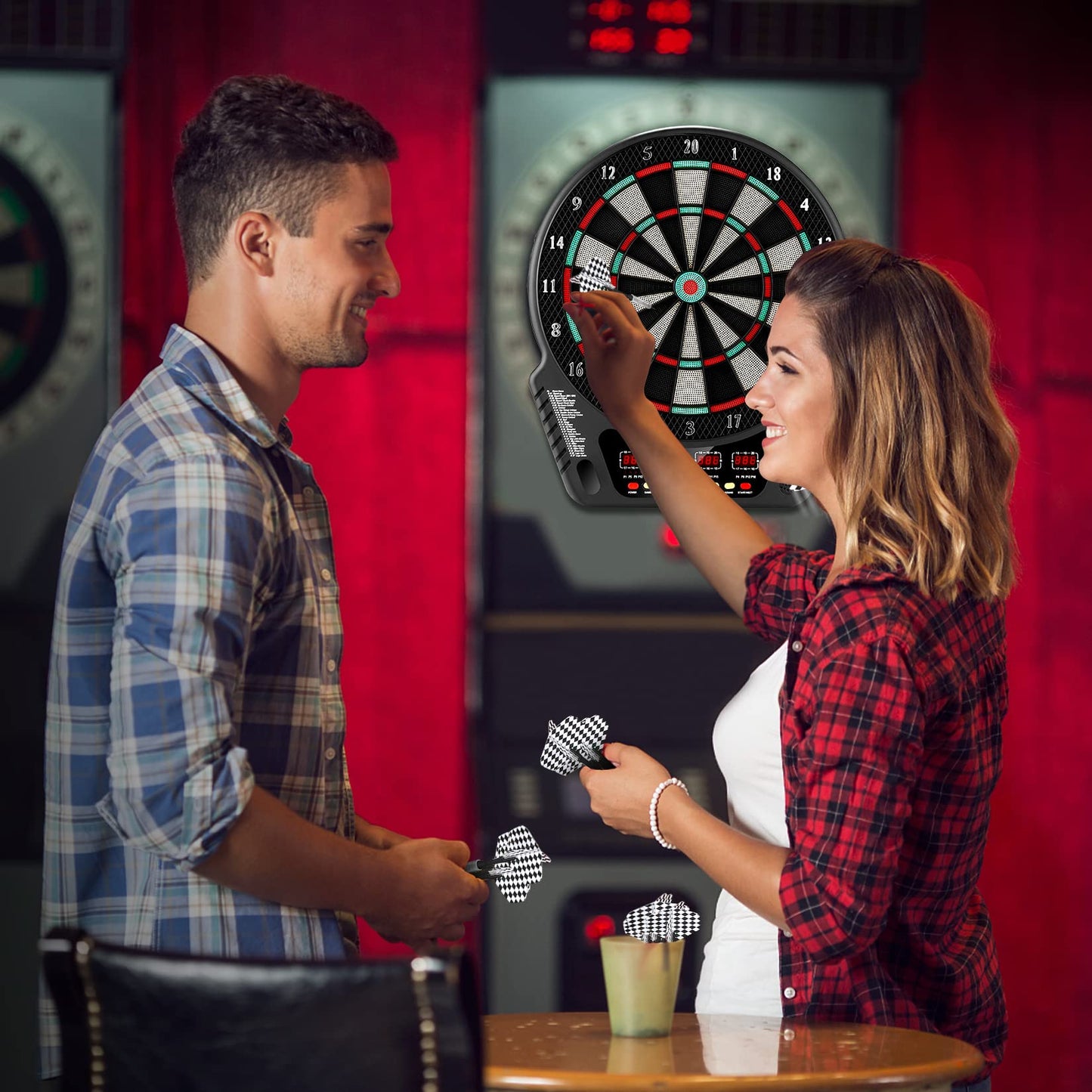 Electronic dartboard, E-Dart board with 4 LCD displays and charging adapter. Suitable for 6 darts and 24 dart heads. 27 games with 243 game options. Professional electronic dart game.