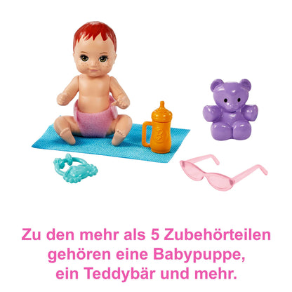 Barbie Skipper Babysitter Inc, Skipper with brown and purple hair, baby, stroller, baby carrier, accessories, total of 2 dolls, gift for kids, toy for ages 3+, GXT34