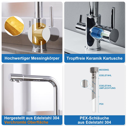 ROVOGO Kitchen Faucet 3 Way Water Filter Mixer Tap, Kitchen Tap for Hot, Cold and Drinking Water, 360° Rotatable Sink Faucet Stainless Steel with Double Lever and 3 Hoses, Chrome
