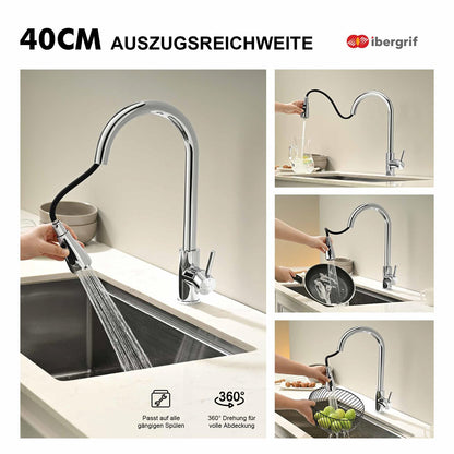 Ibergrif Kitchen Faucet Pull Out Stainless Steel 360° Swivel, Mixer Tap with 3 Spray Modes, 50cm Cold-Warm Water Connection Hoses, Easy Installation, Polished Chrome