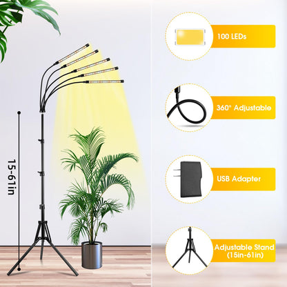 Wolezek LED Full Spectrum Plant Lamp, 5 Head 100 LEDs Plant Light with Stand, Growth Lamp for Plants with 6/12/16H Timer, 3 Color Modes and 5 Dimmable Levels, Grow Light, Indoor Plants