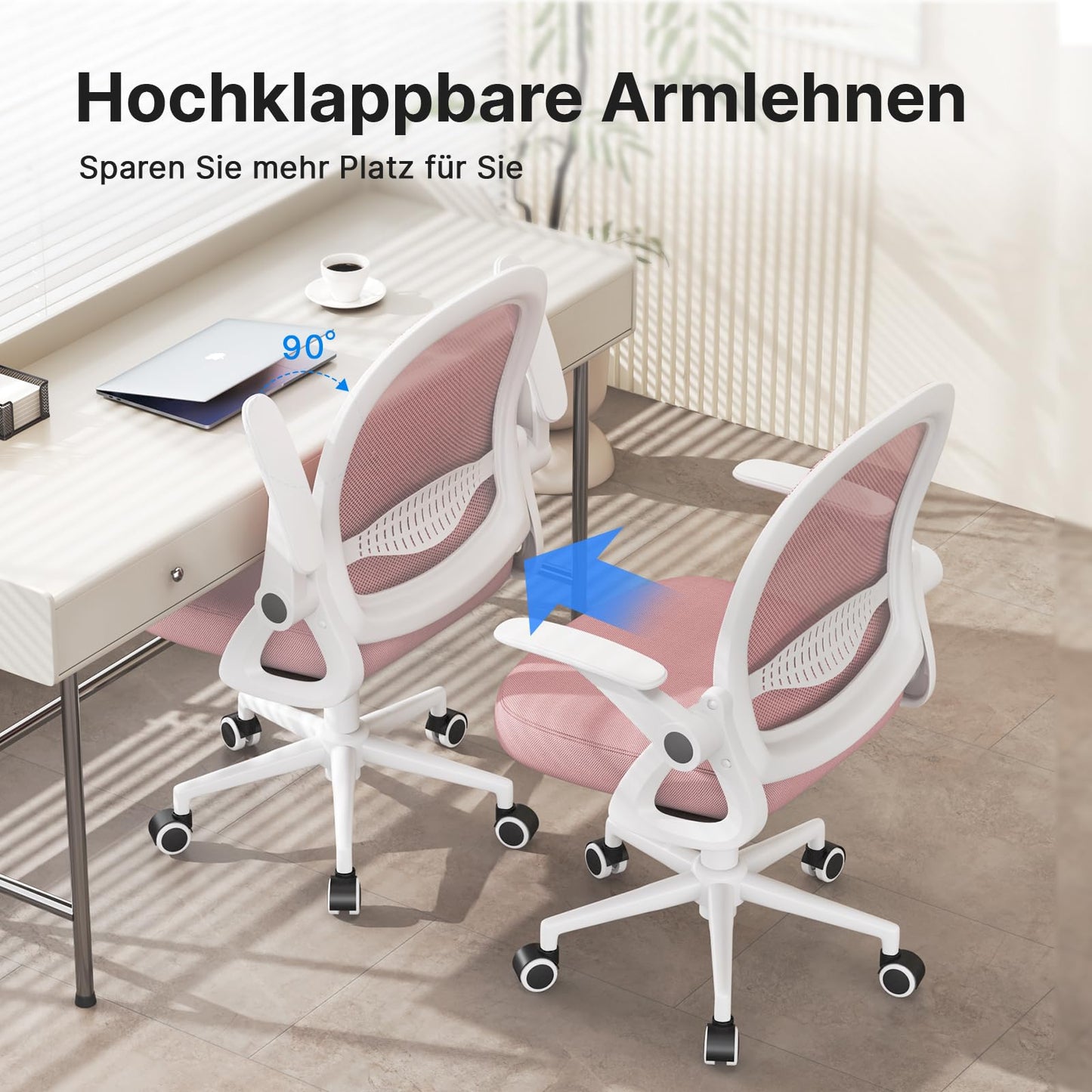 Rattan tree Ergonomic Office Chair, Desk Chair with Breathable Backrest, Height Adjustable, Mesh Chair with Foldable Armrests, Computer Chair, 360° Swivel Chair for Office, Home, Pink.