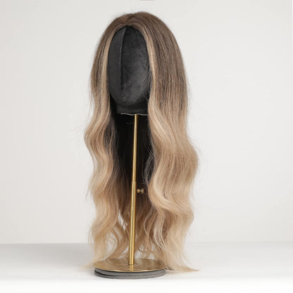Haircube long wigs for women, center parting, dark roots.
