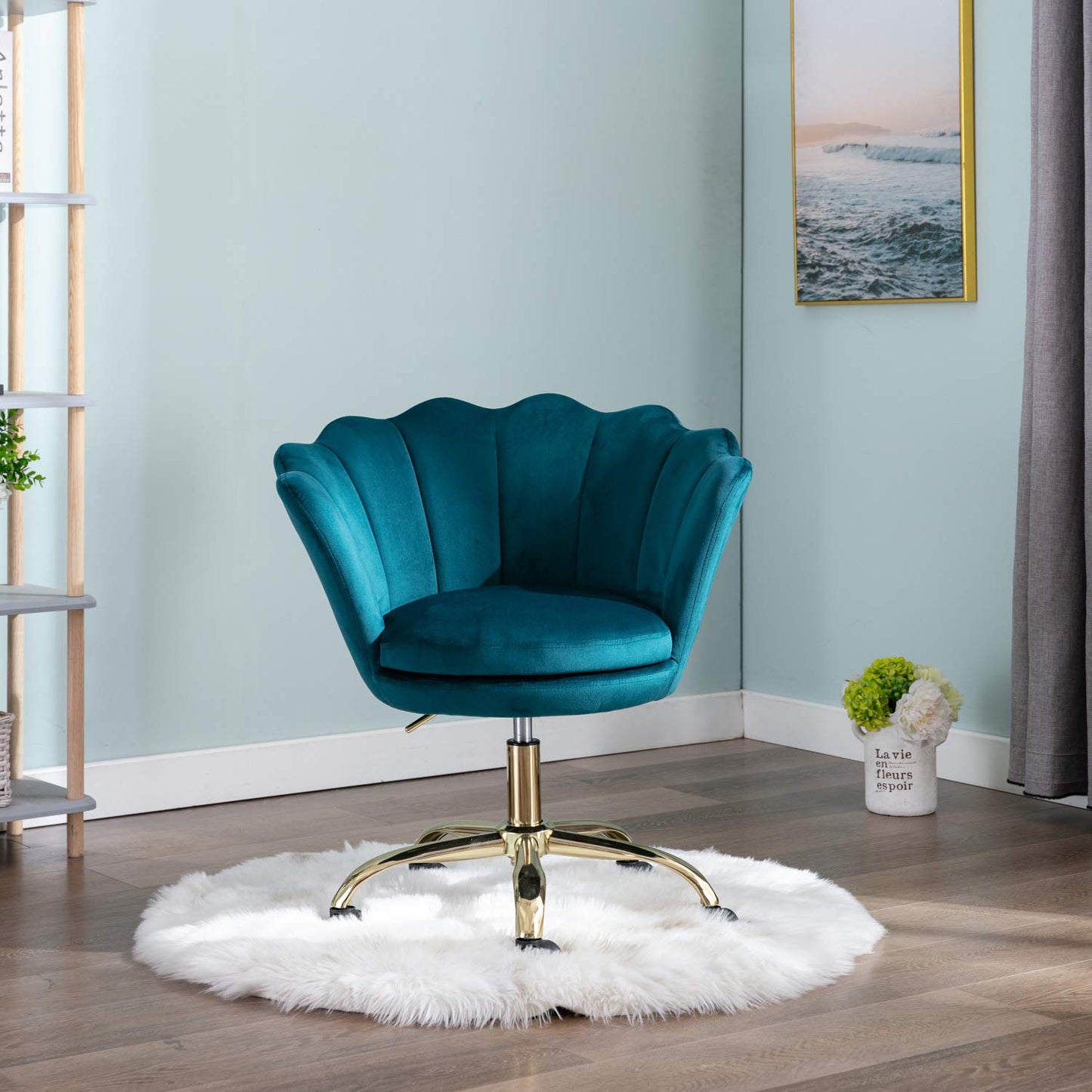 Wahson velvet office chair with wheels, height adjustable swivel computer chair. Ideal for bedroom/vanity. Blue-green color.