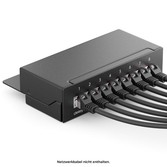 deleyCON CAT 6 Patch Panel Distribution Panel 8 Port - Desktop & Wall Mount - Shielded - 8x RJ45 Socket - TIA568A TIA568B Black