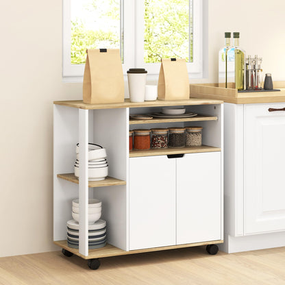 HOMCOM kitchen cart trolley serving cart with handle, adjustable shelves, cabinet, countertop, kitchen shelf on wheels, storage cart for kitchen bathroom office living room White