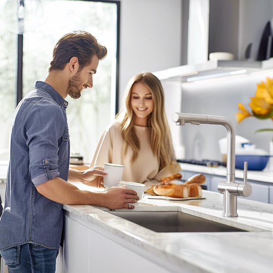 BONADE Kitchen Faucet Pull-Out, High Pressure Kitchen Tap with Sprayer 2 Spray Modes, 360° Rotatable Kitchen Faucet, L Shape Mixer Tap Kitchen, Single Lever Sink Mixer Stainless Steel Brushed