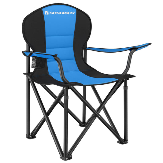 SONGMICS Beach Chair, Camping Chair, Folding Chair with Drink Holder, Foam Padding, Foldable, Supports up to 250 kg, Outdoor Chair, Blue-Black GCB06BU