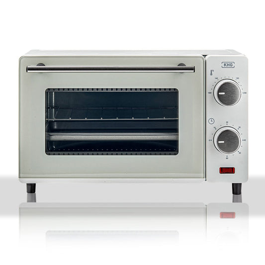 KHG Mini Oven MBO-10W made of metal in white with top/bottom heat, 10l capacity, 650 watts, including timer, temperature setting from 100°C-230°C, removable handle, grill rack, and baking tray.